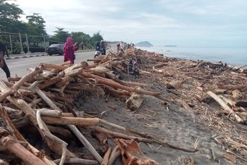 Sampah kayu gelondongan pascabanjir bandang Padang