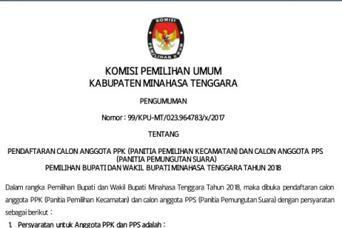 PENGUMUMAN PENDAFTARAN CALON ANGGOTA PPK (PANITIA PEMILIHAN KECAMATAN) DAN CALON ANGGOTA PPS (PANITIA PEMUNGUTAN SUARA) PEMILIHAN BUPATI DAN WAKIL BUPATI MINAHASA TENGGARA TAHUN 2018