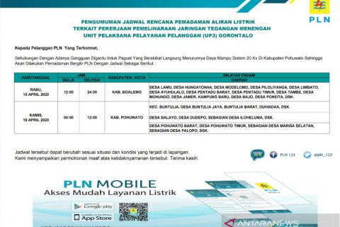 Jadwal pemadaman aliran listrik UP3 Gorontalo