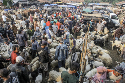 Kerumunan warga di Pasar Hewan Jonggol