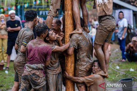 Warga gelar tradisi panjat pinang untuk silaturahim Idul Fitri 1446 H