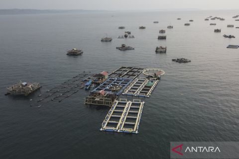 Keramba jaring apung untuk budi daya ikan kerapu di  Pangandaran