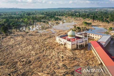 Tumpukan batang kayu dan lumpur hambat akses ke Desa Tanjung Karang, Aceh Tamiang