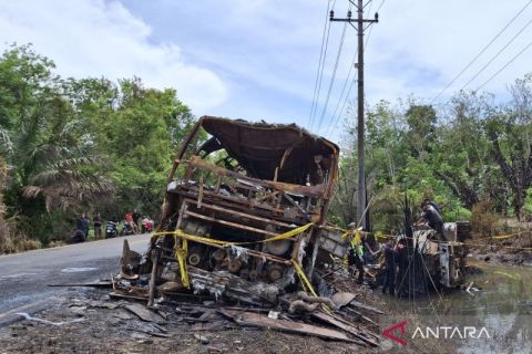 Olah tempat kejadian perkara kecelakaan bus ALS dan truk tangki di Jalan Lintas Sumatera
