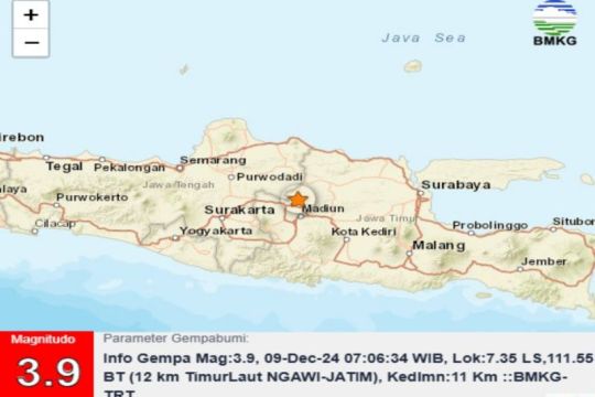 Gempa berkekuatan magnitudo 3,9 dirasakan di wilayah Blora