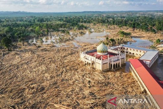 Tumpukan batang kayu dan lumpur hambat akses ke Desa Tanjung Karang, Aceh Tamiang