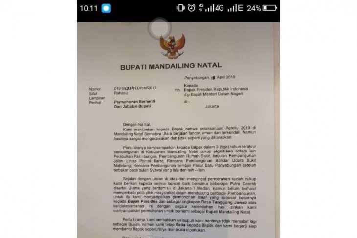 Ungkapan kekecewaan hasil Pemilu, Bupati Mandailing Natal pilih mundur