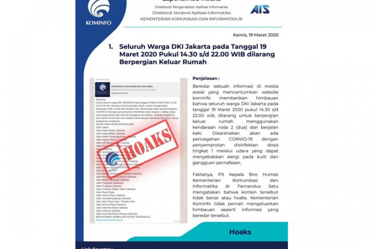 Kementerian Kominfo: penutupan jalan untuk semprot disinfektan hoaks