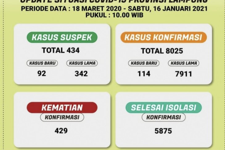 Kasus COVID-19 Lampung bertambah 114, total jadi 8.025 kasus