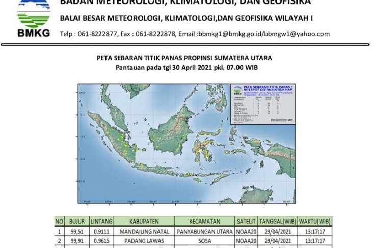 BMKG pantau tiga titik panas di Sumut