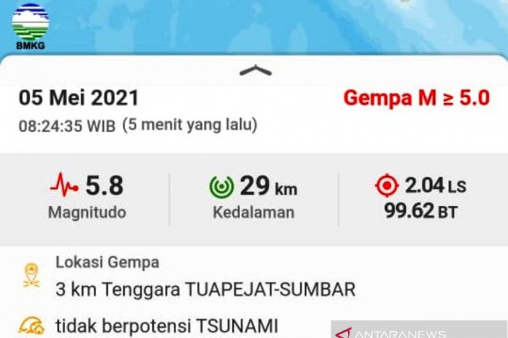 Gempa dengan magnitudo 5,8 di Mentawai tak berpotensi tsunami