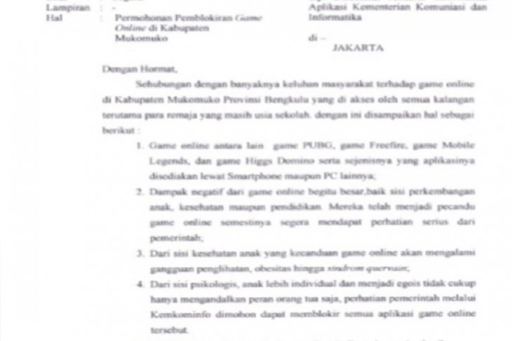Bupati Mukomuko minta Menkominfo blokir "game online"