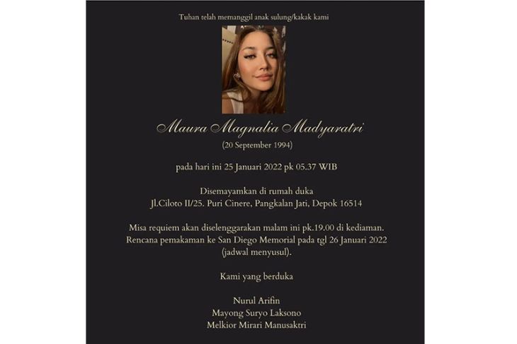 Putri sulung Nurul Arifin dan Mayong Suryo Laksono meninggal dunia