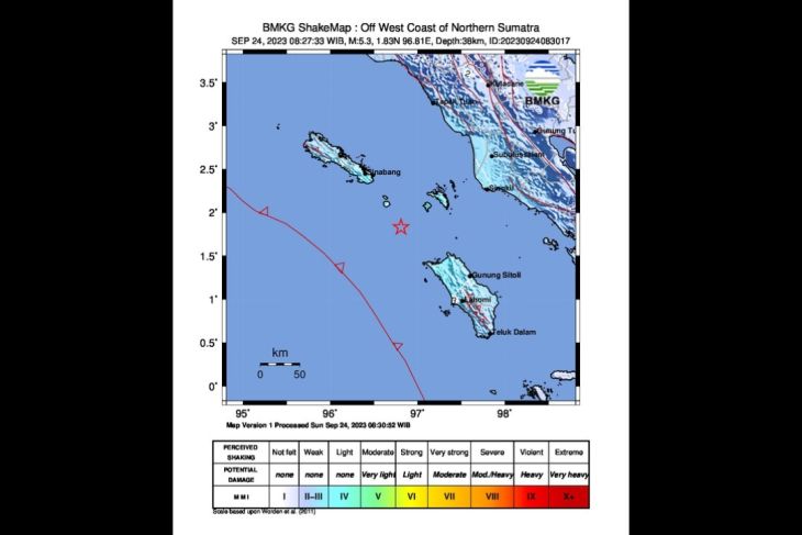 Gempa berkekuatan magnitudo 5,3 terjadi di barat laut Nias Utara