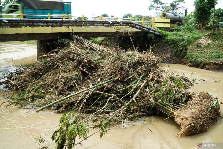 Jembatan tersumbat sampah bambu di Tulungagung