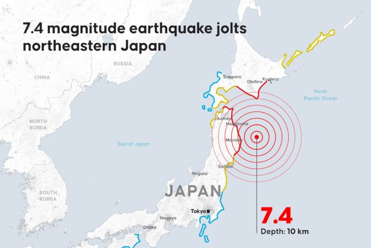 Gempa magnitudo 7,4 guncang Jepang utara