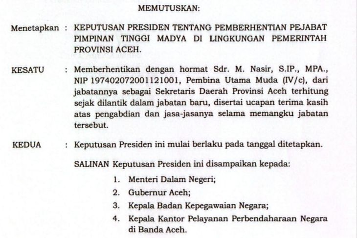 Presiden berhentikan M Nasir dari Sekda Aceh, siapa penggantinya?