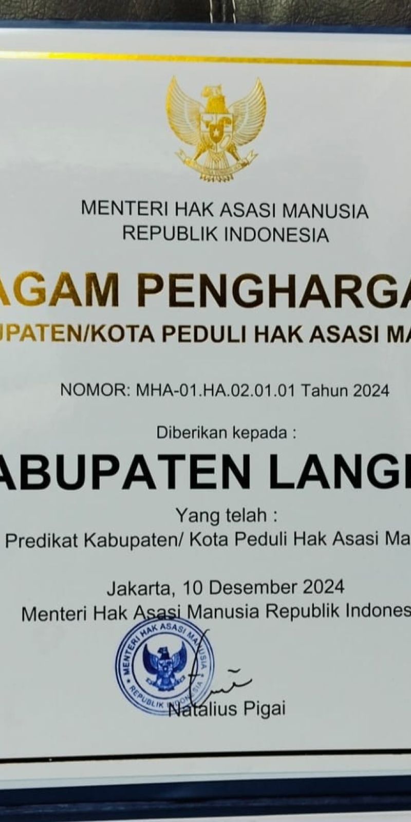 Pemkab Langkat raih penghargaan kabupaten peduli HAM