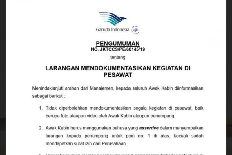 Garuda larang aktivitas berfoto di dalam pesawat