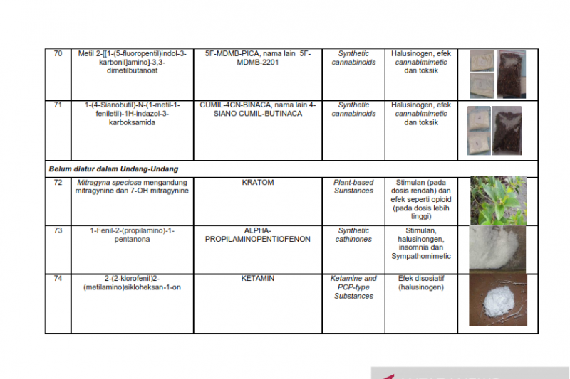 Daftar nama zat NPS yang sudah teridentifikasi di Indonesia Tahun 2019