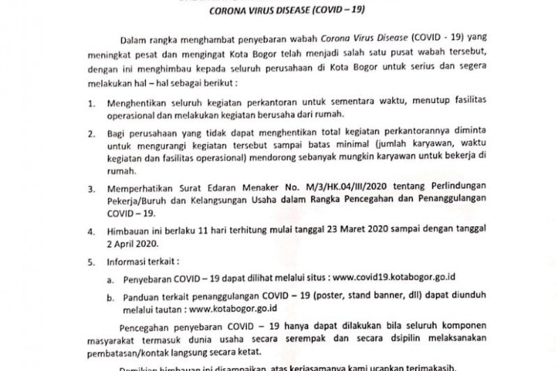 Wakil Wali Kota Bogor resmi imbau kantor swasta berhenti sementara