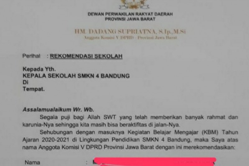 Beredar surat rekomendasi dari anggota DPRD Jabar untuk siswa agar lolos PPDB