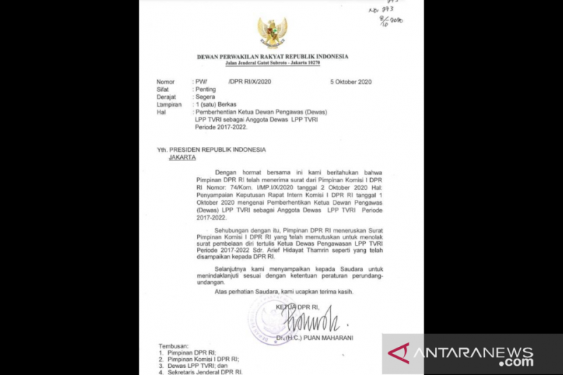 Ketua DPR kirim surat ke Presiden untuk pemberhentian Ketua Dewas TVRI