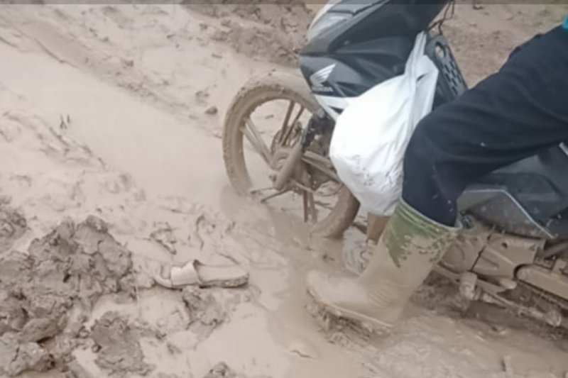 Jalan Rusak berlumpur di Desa Sumber Makmur, penghubung ke Desa Mulya Sari, Kecamatan Mesuji, Kabupaten Mesuji, Lampung