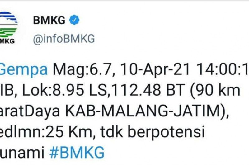 Gempa bumi M 6,7 picu guncangan sedang hingga kuat di Jatim