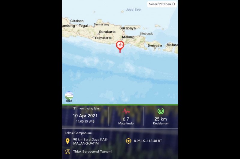 BMKG: Gempa magnitudo 6,7 di barat daya Malang Jatim