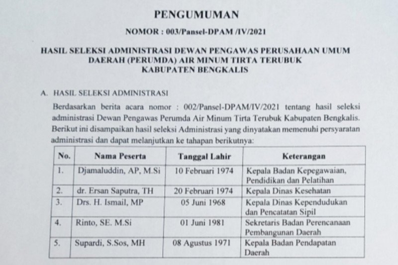 Pansel umumkan lima calon Dewas PDAM Bengkalis