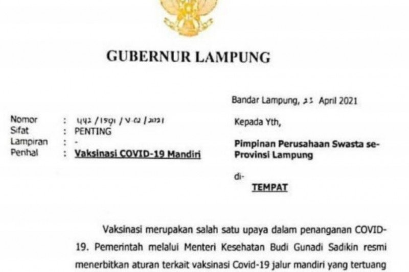 Pemprov Lampung imbau perusahaan ikut serta dalam Vaksinasi Mandiri