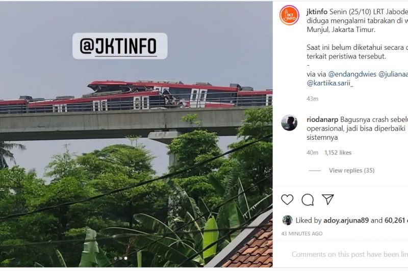 Kereta LRT Jabodebek dikabarkan tabrakan di Jalur Layang Cibubur