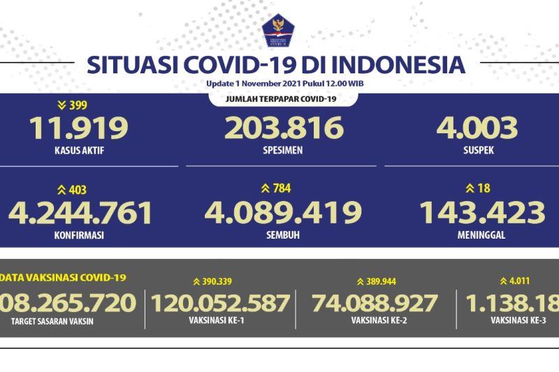 Kasus positif COVID-19 RI bertambah 403 kasus, sembuh 784 orang