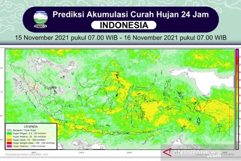 Hujan dominasi wilayah Sumatera, Kalimantan dan Jawa