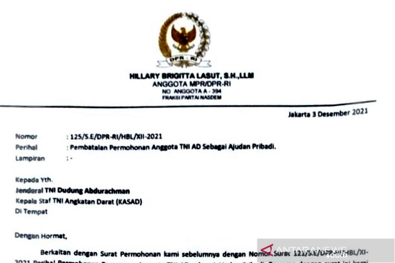 Anggota DPR Hillary Brigitta tarik surat permohonan ajudan pribadi ke TNI AD