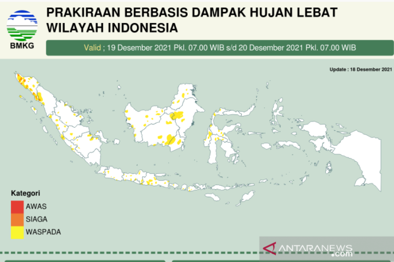 Hujan lebat diprakirakan turun di sejumlah wilayah Indonesia