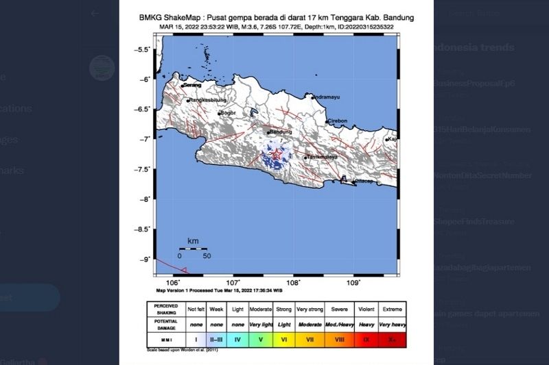 2 gempa dangkal dirasakan di Ciparay Bandung jelang Rabu tengah malam