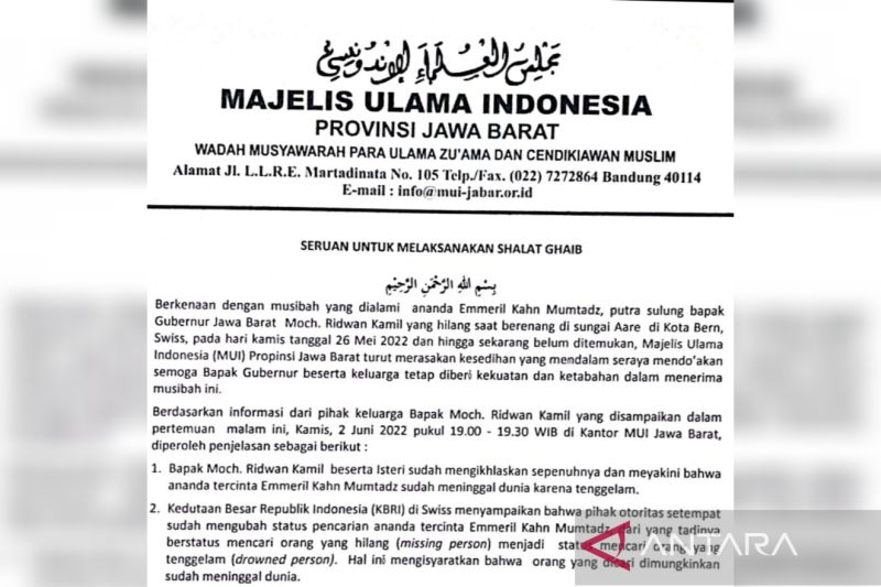 MUI Jawa Barat serukan warga shalat gaib untuk putra Ridwan Kamil yang belum ditemukan