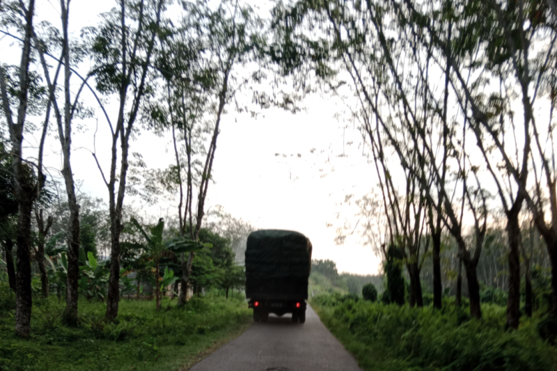 Tronton melintasi jalan Desa Sabahbalau ke Bandarlampung