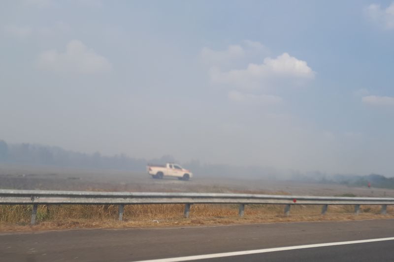 Petugas padamkan kebakaran lahan di sekitar Tol Sumatera