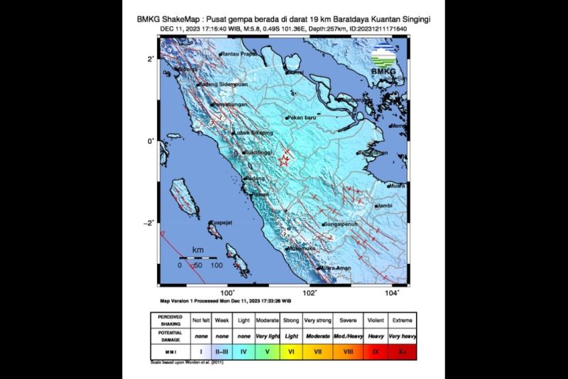 Gempa Magnitudo 5,8 guncang barat daya Kuantan Singingi, Riau, bepusat di darat