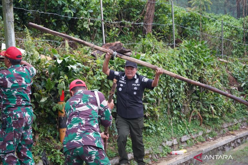 Puing bekas lapak PKL di Kawasan Wisata Puncak Bogor mulai dibersihkan