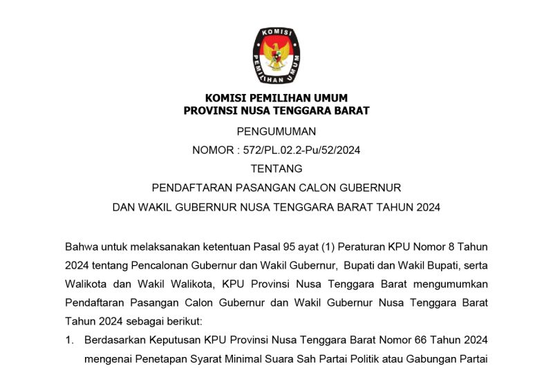 Pengumuman KPU NTB tentang pendaftaran Paslon Gubernur dan Wakil Gubernur NTB