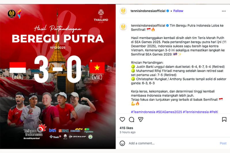 SEA Games 2025 - Tenis putra Indonesia tekuk Vietnam 3-0, melaju ke semifinal