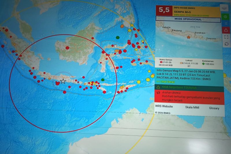 Gempa hari ini M5,5 guncang Pacitan dan sekitarnya