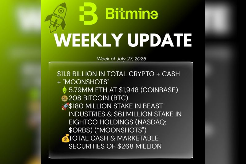 Bitmine Immersion Umumkan Kepemilikan ETH Capai 5,79 Juta Token, serta Total Kepemilikan Kripto dan Kas Sebesar $11,8 Miliar