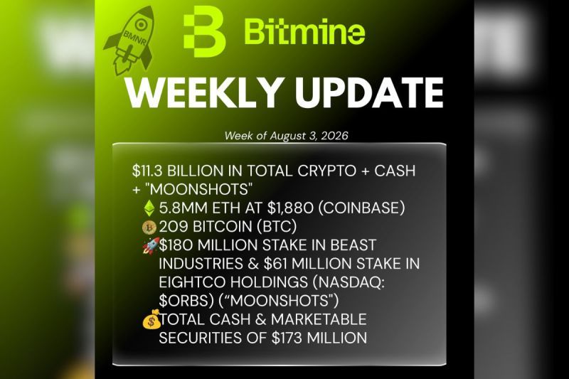 Bitmine Immersion Umumkan Kepemilikan ETH Mencapai 5,8 Juta Token, serta Total Kepemilikan Kripto dan Kas Sebesar $11,3 Miliar
