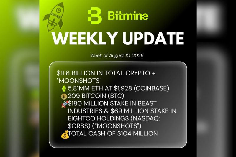 Bitmine Immersion Umumkan Kepemilikan ETH Mencapai 5,81 Juta Token, serta Kepemilikan Kripto dan Kas Sebesar $11,6 Miliar