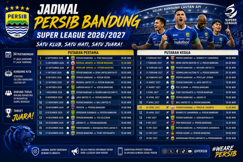 Jadwal lengkap Persib di Super League 2026/2027